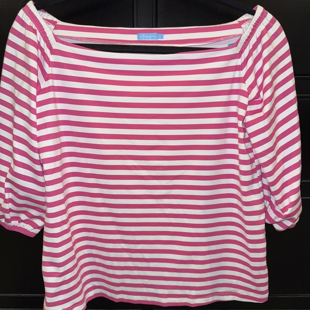 J. McLaughlin Women's Pink White Striped Off Shoulder Blouse Small 3/4 Sleeve